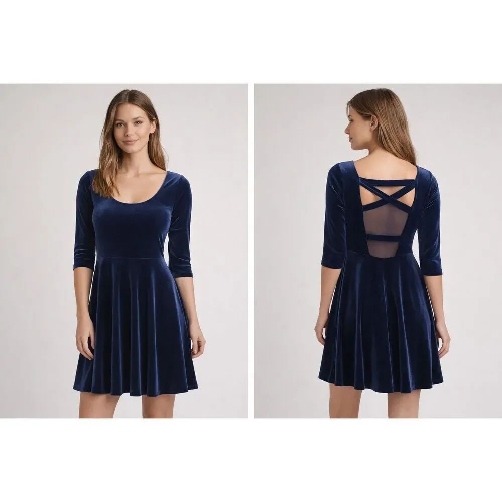 Abercrombie & Fitch Velvet Skater Dress Navy Blue Open Back S